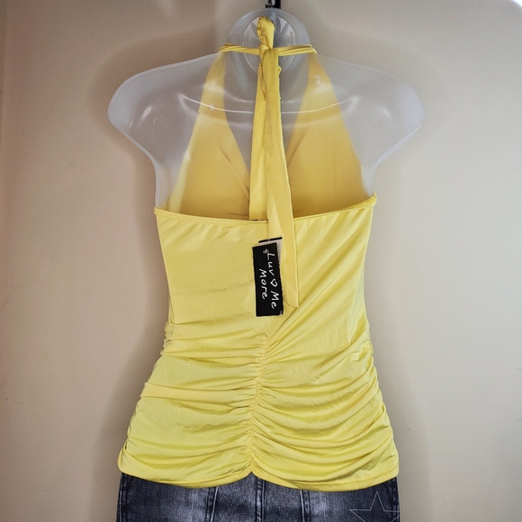 Luv Me More Yellow Funnel Neck Drapped Halter Top Sleeveless Bungee Sides Med Jr - Picture 2 of 5